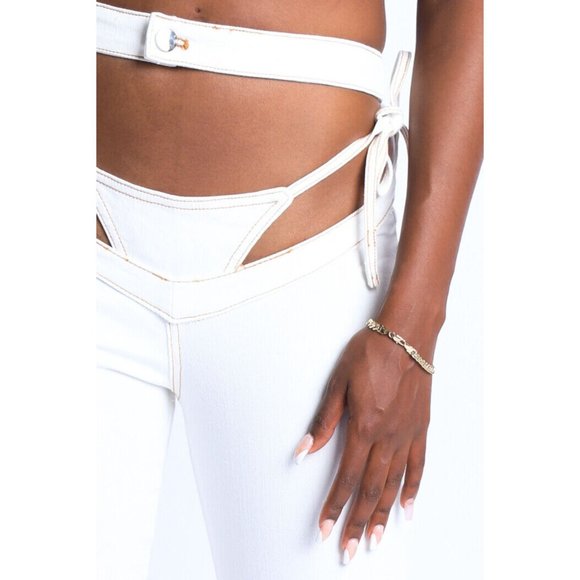 Boutique Denim - Women's Self Belted Bikini Cutout Sexy Denim Pants S M L Denim Indigo White